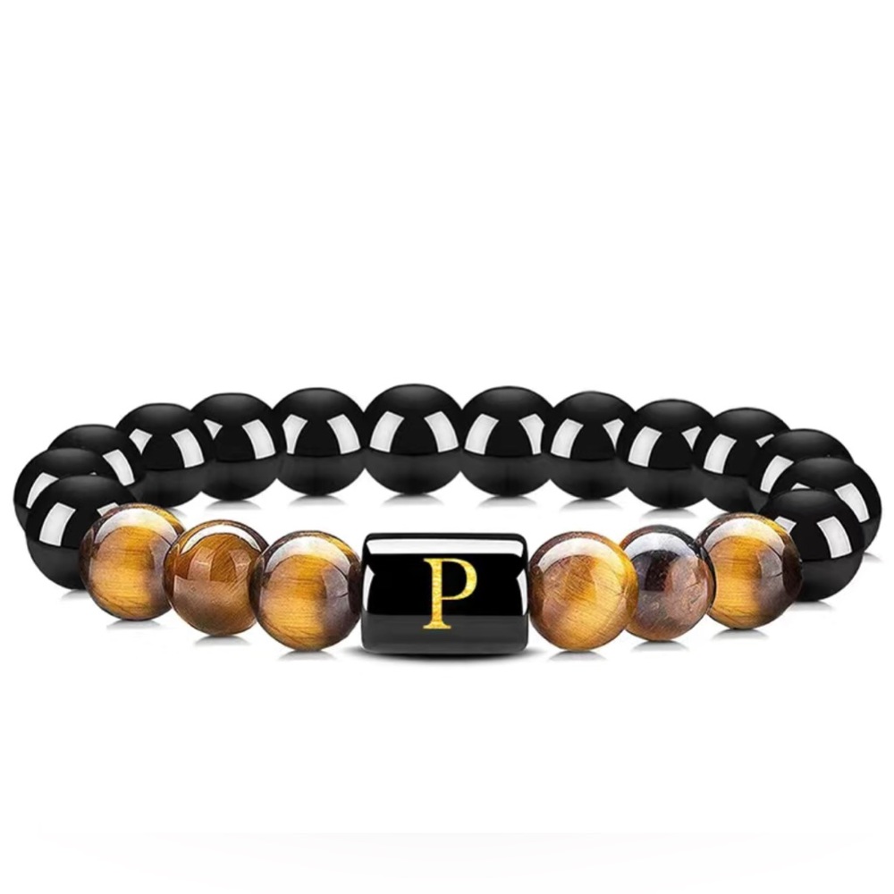 Initials Bracelets Natural Black Onyx Tiger Eye Stone J M R and P